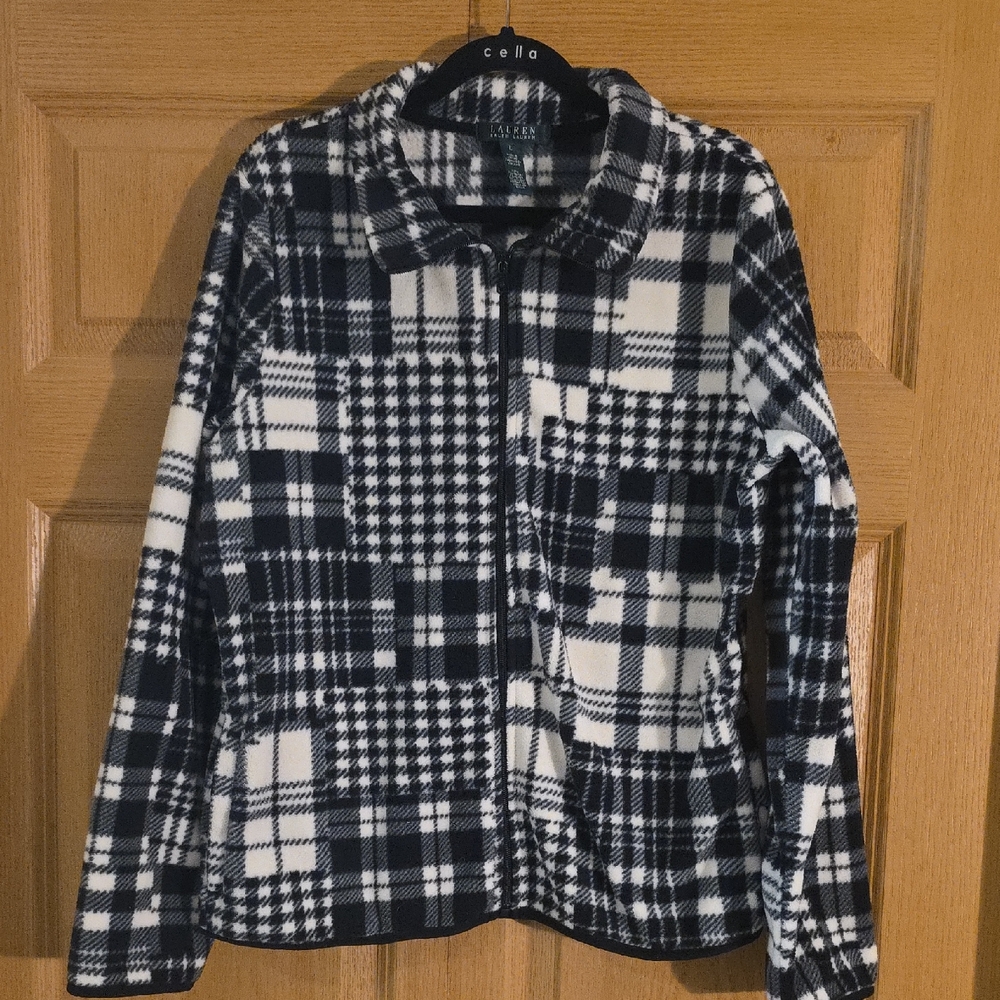Lauren‎ Ralph Lauren Plaid Fleece Jacket Black White Patchwork Zip Front - Large
